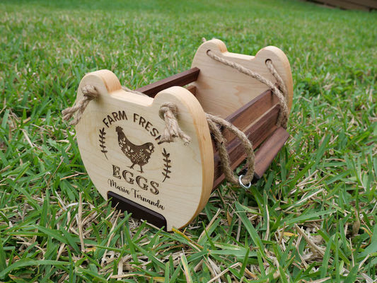 Rustieke boerderij keuken opslagmandje met aangepast logo print Houten ei mandje