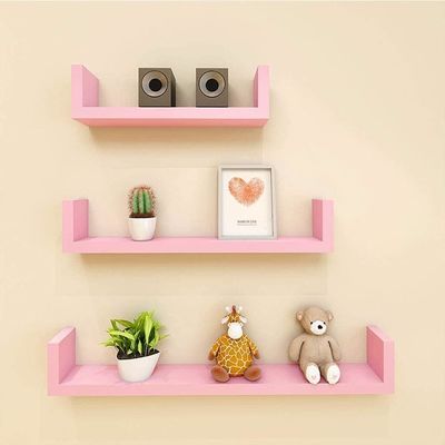 Verstelbare U-vormige beschilderde houten roze muurplanken Set van 3 voor badkamer woonkamer