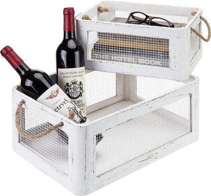 Multifunctionele Vintage witte houten opslagdoos met handgrepen en gaasdraad zijpanelen