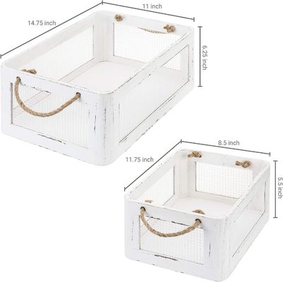 Multifunctionele Vintage witte houten opslagdoos met handgrepen en gaasdraad zijpanelen