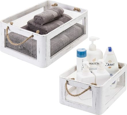 Multifunctionele Vintage witte houten opslagdoos met handgrepen en gaasdraad zijpanelen