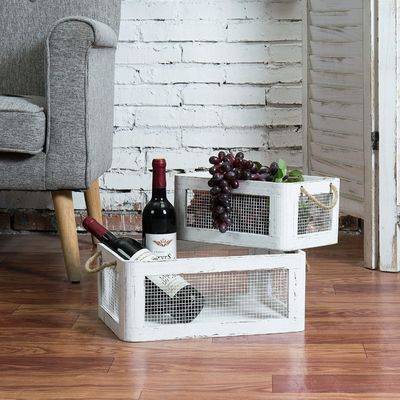 Multifunctionele Vintage witte houten opslagdoos met handgrepen en gaasdraad zijpanelen