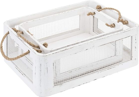 Multifunctionele Vintage witte houten opslagdoos met handgrepen en gaasdraad zijpanelen