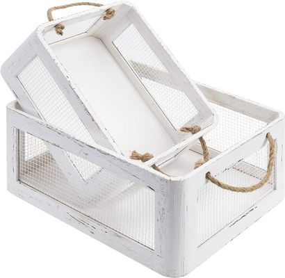 Multifunctionele Vintage witte houten opslagdoos met handgrepen en gaasdraad zijpanelen