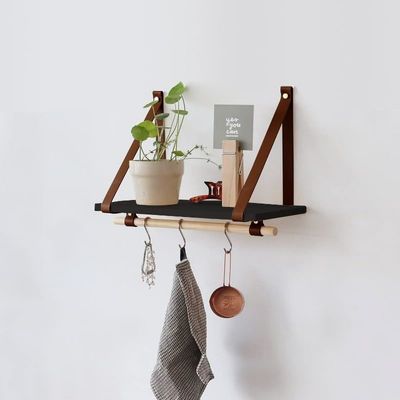 Als uw verzoek 45X20 Zwart Pu Bruin Ledersnoer Wand Drijvende plank Houten plank Moderne