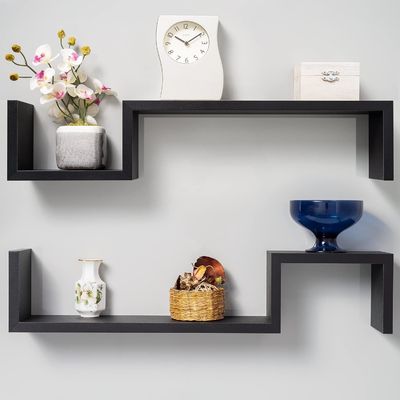S Shape Design Zwart Decor Houten Drijvende Planken Wandplanken voor slaapkamer