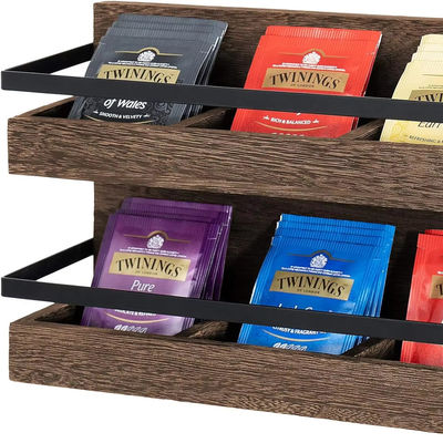 2 tier rustieke houten theezakken houder muur gemonteerde thee doos voor koffie condimenten display plank thee rek