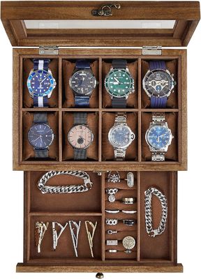 Handgemaakte 8-slot rustieke walnoot houten horloge doos 2-tier display case met grote glazen deksel