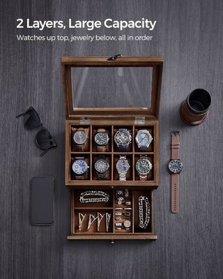 Handgemaakte 8-slot rustieke walnoot houten horloge doos 2-tier display case met grote glazen deksel