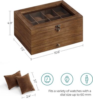 Handgemaakte 8-slot rustieke walnoot houten horloge doos 2-tier display case met grote glazen deksel