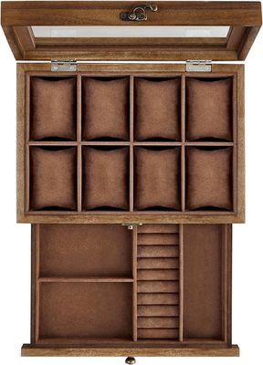 Handgemaakte 8-slot rustieke walnoot houten horloge doos 2-tier display case met grote glazen deksel