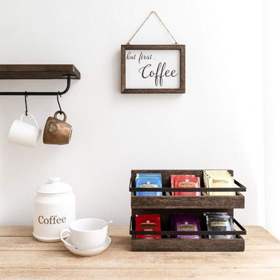 2 tier rustieke houten theezakken houder muur gemonteerde thee doos voor koffie condimenten display plank thee rek