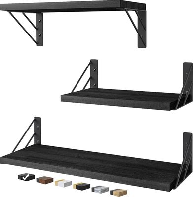 Set van 3 moderne verstelbare zwarte muur gemonteerde rustieke houten drijvende planken voor opslag
