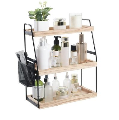Cosmetische opslag Vanity organisator 3-laag staande toonbank plank met mand houten bak