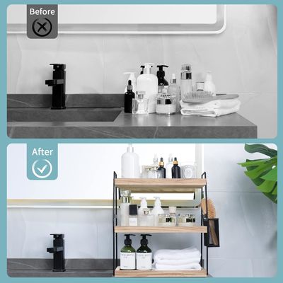 Cosmetische opslag Vanity organisator 3-laag staande toonbank plank met mand houten bak