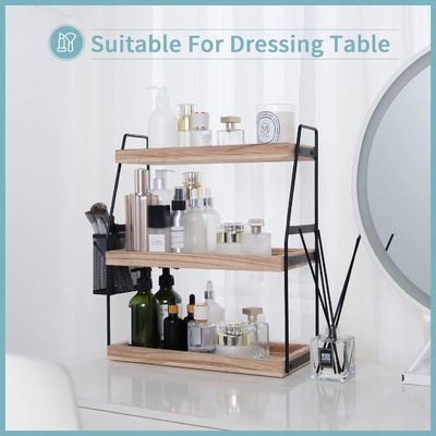 Cosmetische opslag Vanity organisator 3-laag staande toonbank plank met mand houten bak