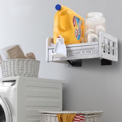 Transformeer uw wasruimte met deze op de muur gemonteerde houten wasmiddelhouder en -plank