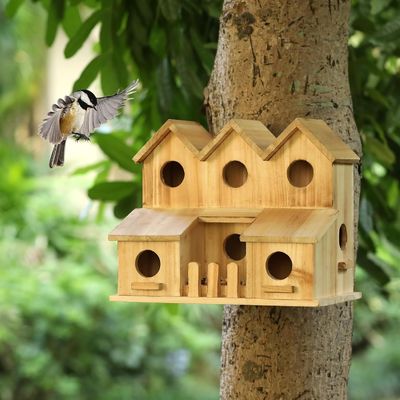 Handgemaakt houten vogelhuis met 8 gaten Schuifdeksel Stijl Onvoltooide berkhoutkleur