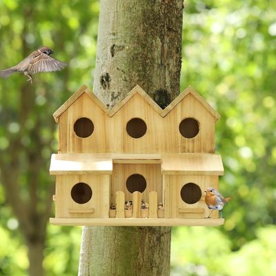 Handgemaakt houten vogelhuis met 8 gaten Schuifdeksel Stijl Onvoltooide berkhoutkleur