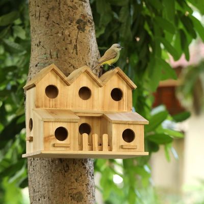 Handgemaakt houten vogelhuis met 8 gaten Schuifdeksel Stijl Onvoltooide berkhoutkleur