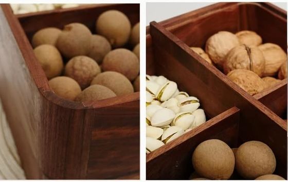Houten dubbele laag fruitplaat met transparant deksel Houten gedroogde fruitdoos in bruin