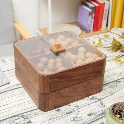 Houten dubbele laag fruitplaat met transparant deksel Houten gedroogde fruitdoos in bruin