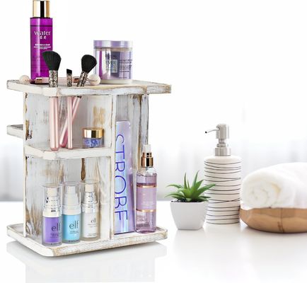 Roterende carousel make-up organisator voor cosmetica en huidverzorging in custom rustiek wit hout