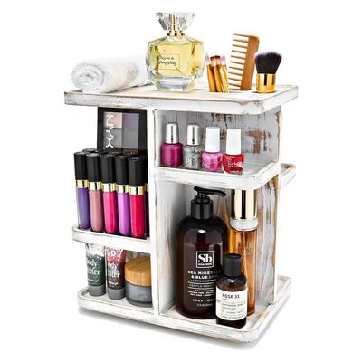 Roterende carousel make-up organisator voor cosmetica en huidverzorging in custom rustiek wit hout