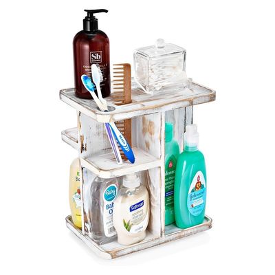 Roterende carousel make-up organisator voor cosmetica en huidverzorging in custom rustiek wit hout