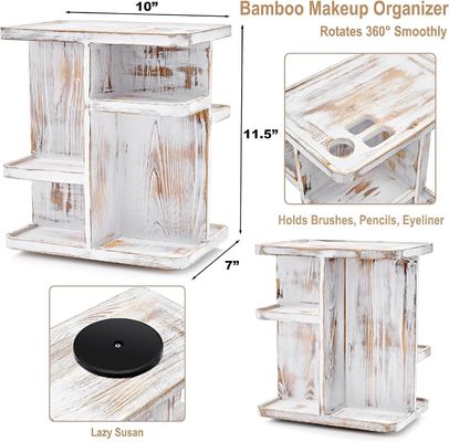 Roterende carousel make-up organisator voor cosmetica en huidverzorging in custom rustiek wit hout