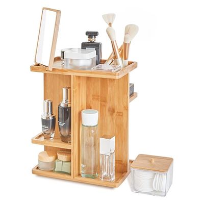 Gesneden bamboe hout make-up organisator en huidverzorging opslag voor een rommelige ijdelheid