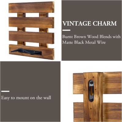 Persoonlijke grootte Rustieke Verbrand Massivhout en Zwart Metaal Draad Wand Montage Plaat Display Rack