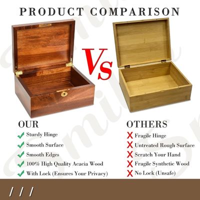 Handgemaakte solide acacia houten opslagdoos met gehangen deksel ideaal voor cadeau verpakking