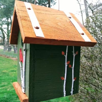 Handgeschilderde kardinaal en berk bomen hout vogelhuis voor vogelbeschermers