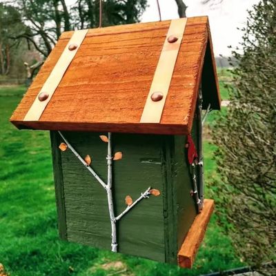 Handgeschilderde kardinaal en berk bomen hout vogelhuis voor vogelbeschermers
