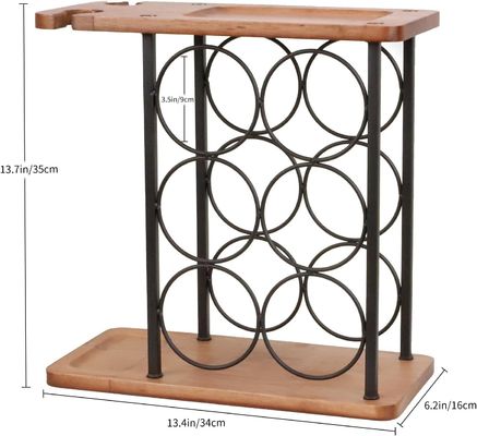 Houten tafelwijnrek met dienblad met dienblad, met 6 flessen en 2 glazen