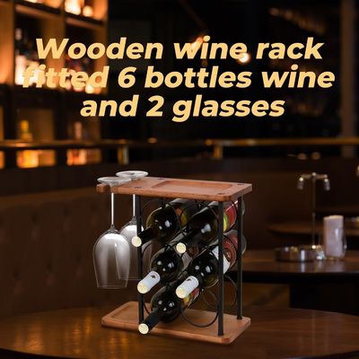Houten tafelwijnrek met dienblad met dienblad, met 6 flessen en 2 glazen