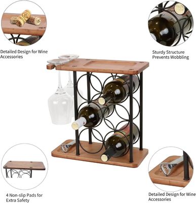 Houten tafelwijnrek met dienblad met dienblad, met 6 flessen en 2 glazen