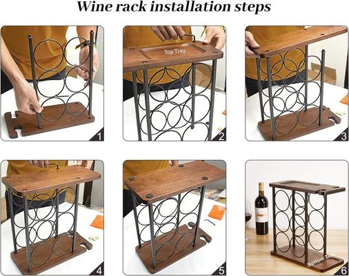Houten tafelwijnrek met dienblad met dienblad, met 6 flessen en 2 glazen