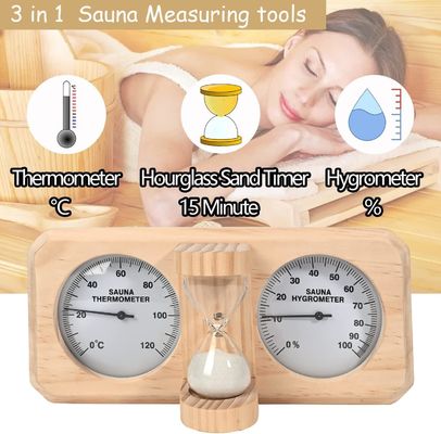 Moderne ontwerp 3 in 1 Houten sauna thermometer en hygrometer met 15 minuten zandklok Timer