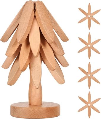 Silk-screen Printed Beech Wood Coaster and Holder voor Warm Dishes Tree Shape Trivet Set