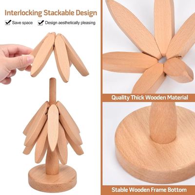 Silk-screen Printed Beech Wood Coaster and Holder voor Warm Dishes Tree Shape Trivet Set