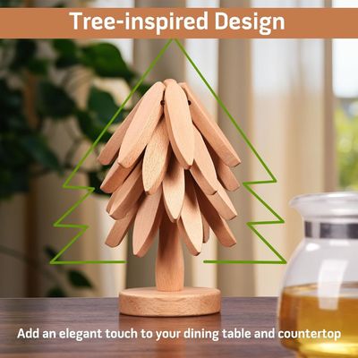 Silk-screen Printed Beech Wood Coaster and Holder voor Warm Dishes Tree Shape Trivet Set