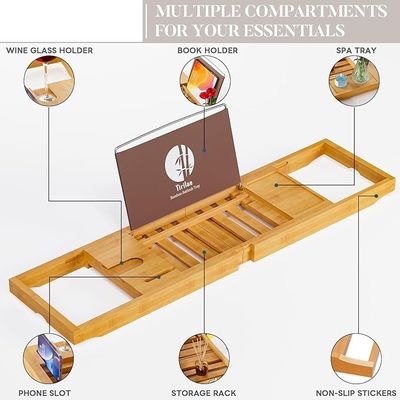 Uitbreidbare houten badbak tray caddy met boek en telefoon houder Custom logo Acceptabel