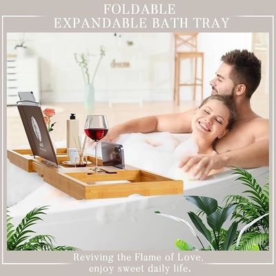 Uitbreidbare houten badbak tray caddy met boek en telefoon houder Custom logo Acceptabel