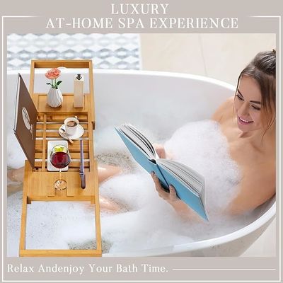 Uitbreidbare houten badbak tray caddy met boek en telefoon houder Custom logo Acceptabel