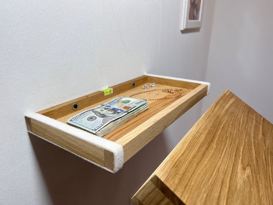 Floating Secret Compartment Schap Beschrijving voor het organiseren van waardevolle spullen in rustieke eik