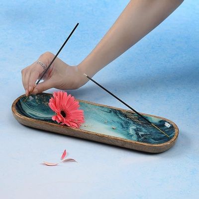 Rectangular Houten wierookhouder voor stokken Industrieel cadeau ambacht Blauw mango hout