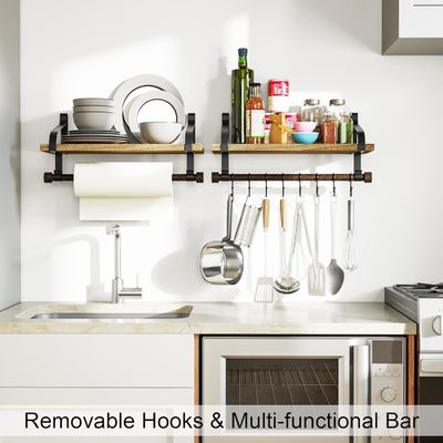 Rustieke hout 8 Afneembare haakjes Wand Drijvende planken Keuken Spice Rack met handdoek