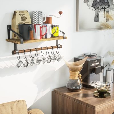 Rustieke hout 8 Afneembare haakjes Wand Drijvende planken Keuken Spice Rack met handdoek